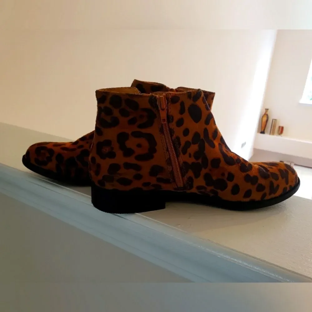 Leopard Print Ankle Boots, Flat Zip-Up Animal Print Booties